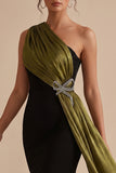 Black and Olive Mermaid One Shoulder Long Wedding Guest Dress with Sash