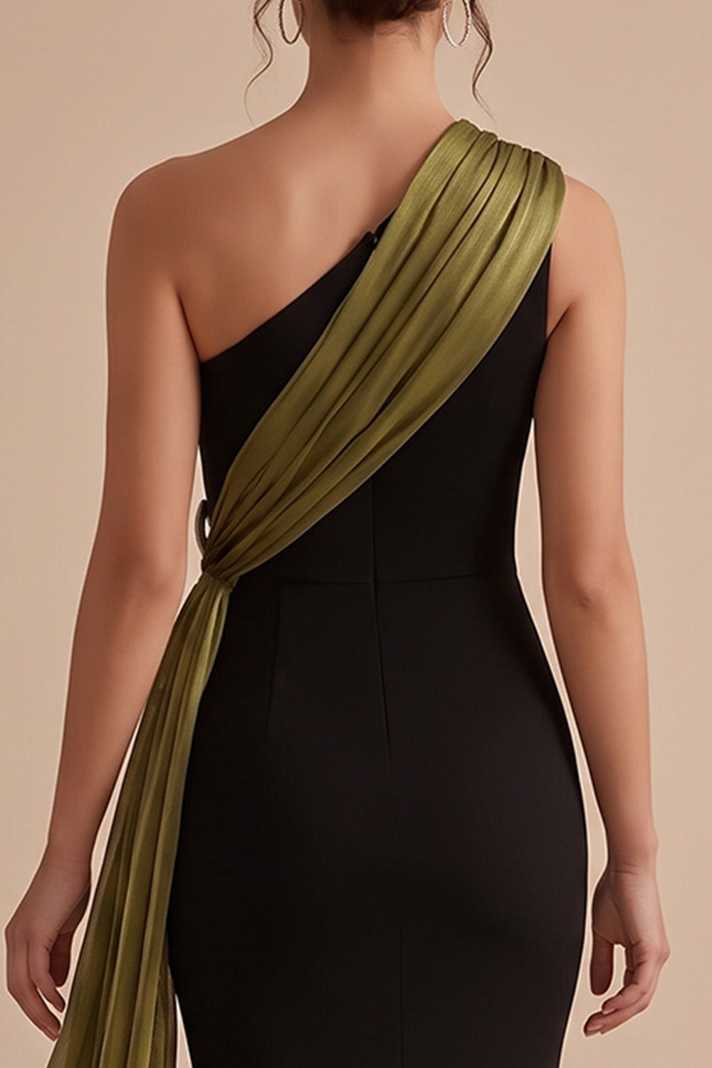 Black and Olive Mermaid One Shoulder Long Wedding Guest Dress with Sash