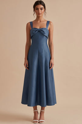 Twilight A-Line Satin Thick Straps Midi Wedding Guest Dress with Bow
