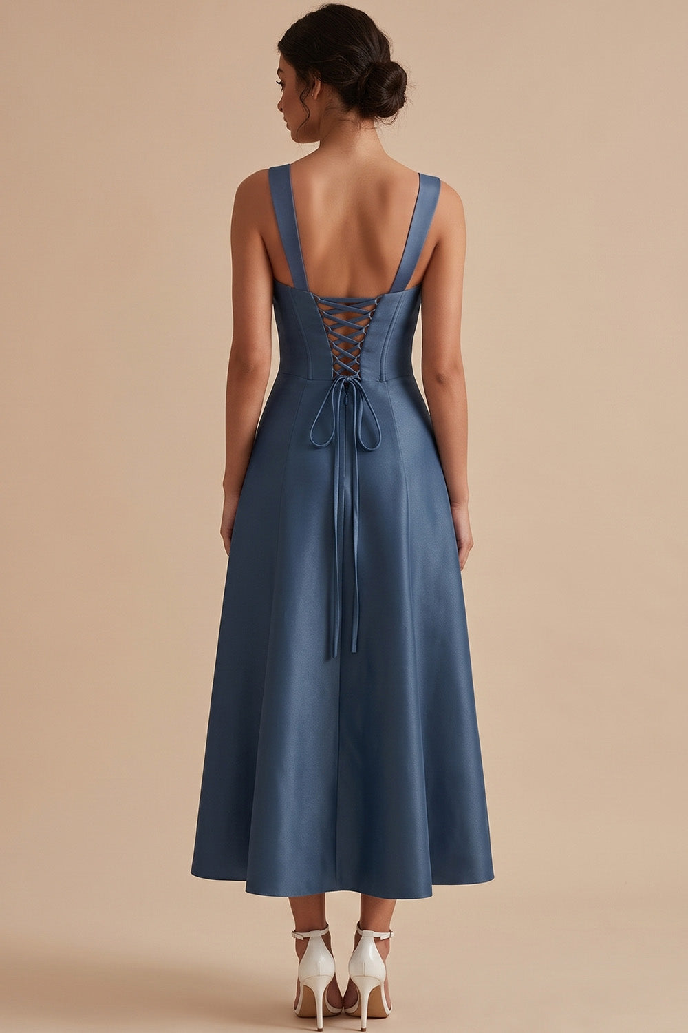 Twilight A-Line Satin Thick Straps Midi Wedding Guest Dress with Bow