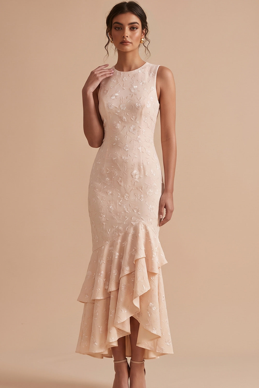 Champagne Mermaid Tiered Ruffled Floral High-Low Wedding Guest Dress