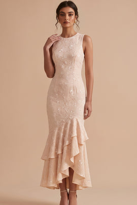 Champagne Mermaid Tiered Ruffled Floral High-Low Wedding Guest Dress