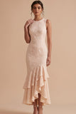 Champagne Mermaid Tiered Ruffled Floral High-Low Wedding Guest Dress