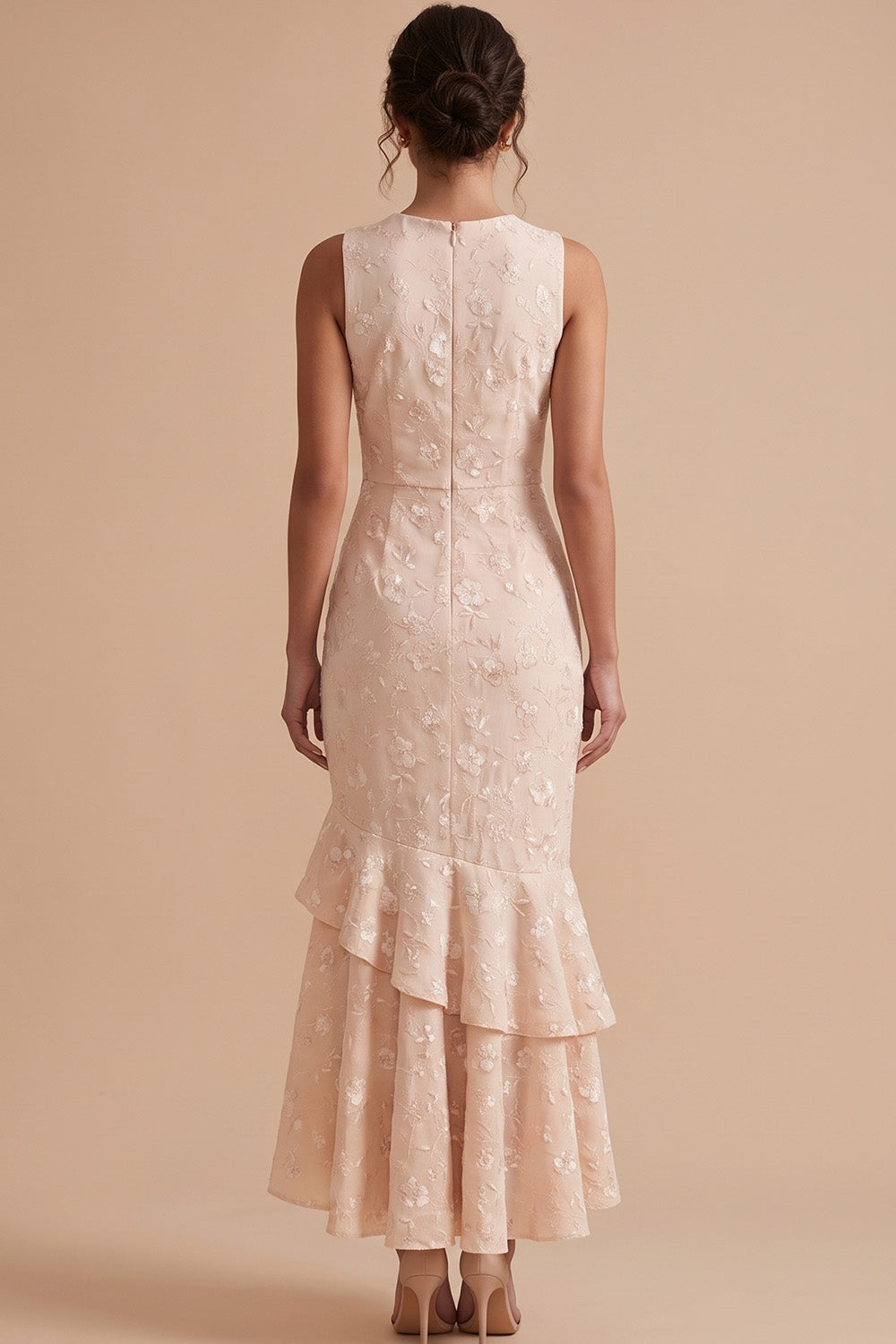 Champagne Mermaid Tiered Ruffled Floral High-Low Wedding Guest Dress