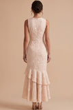 Champagne Mermaid Tiered Ruffled Floral High-Low Wedding Guest Dress