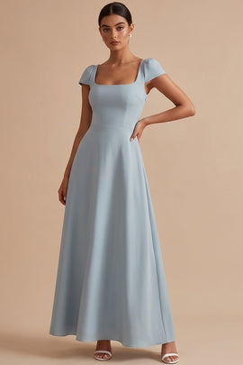 Simple Dusty Blue A-Line Square Neck Cap Sleeves Long Wedding Guest Dress