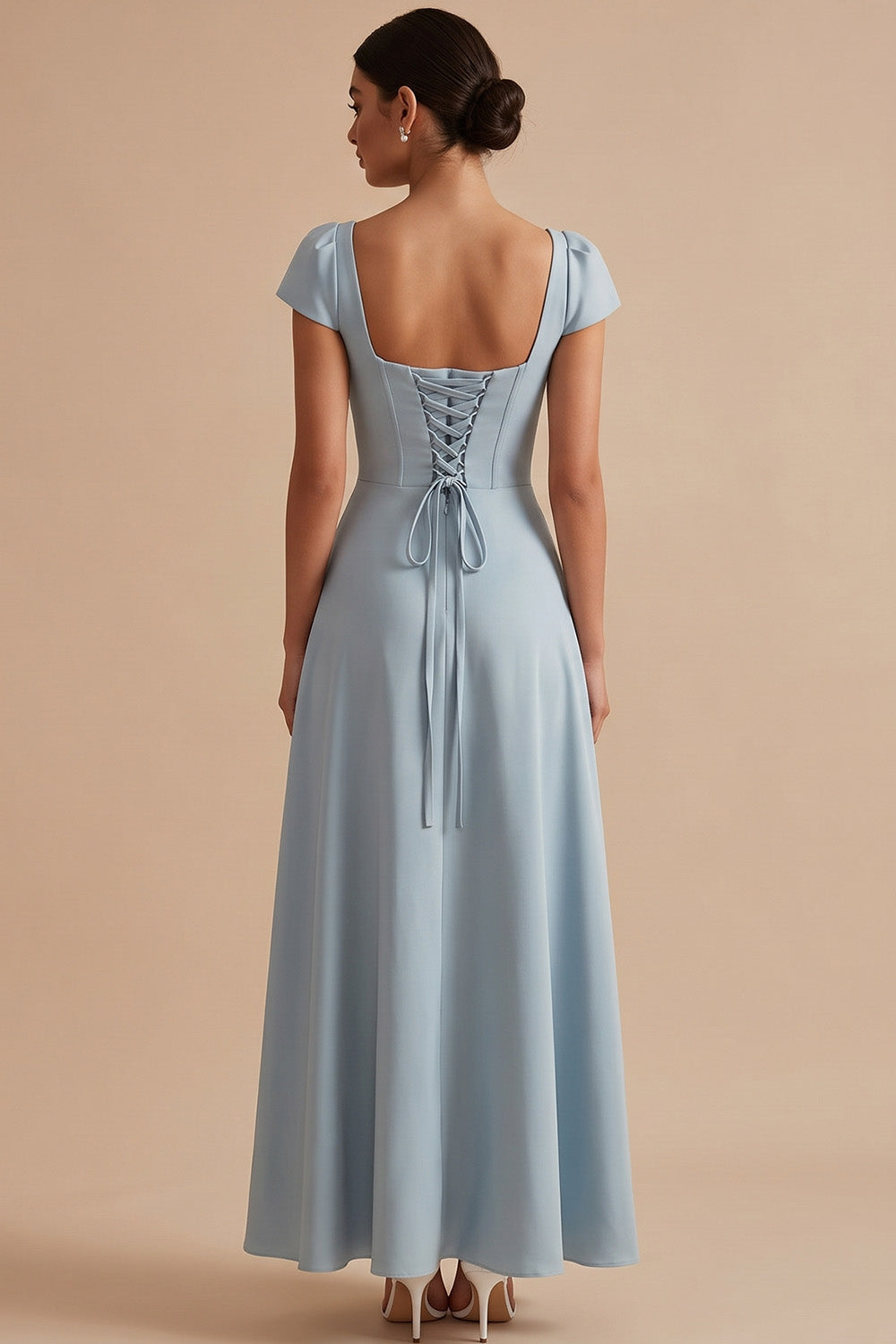 Simple Dusty Blue A-Line Square Neck Cap Sleeves Long Wedding Guest Dress