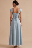 Simple Dusty Blue A-Line Square Neck Cap Sleeves Long Wedding Guest Dress