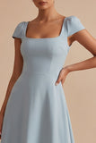 Simple Dusty Blue A-Line Square Neck Cap Sleeves Long Wedding Guest Dress