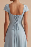 Simple Dusty Blue A-Line Square Neck Cap Sleeves Long Wedding Guest Dress