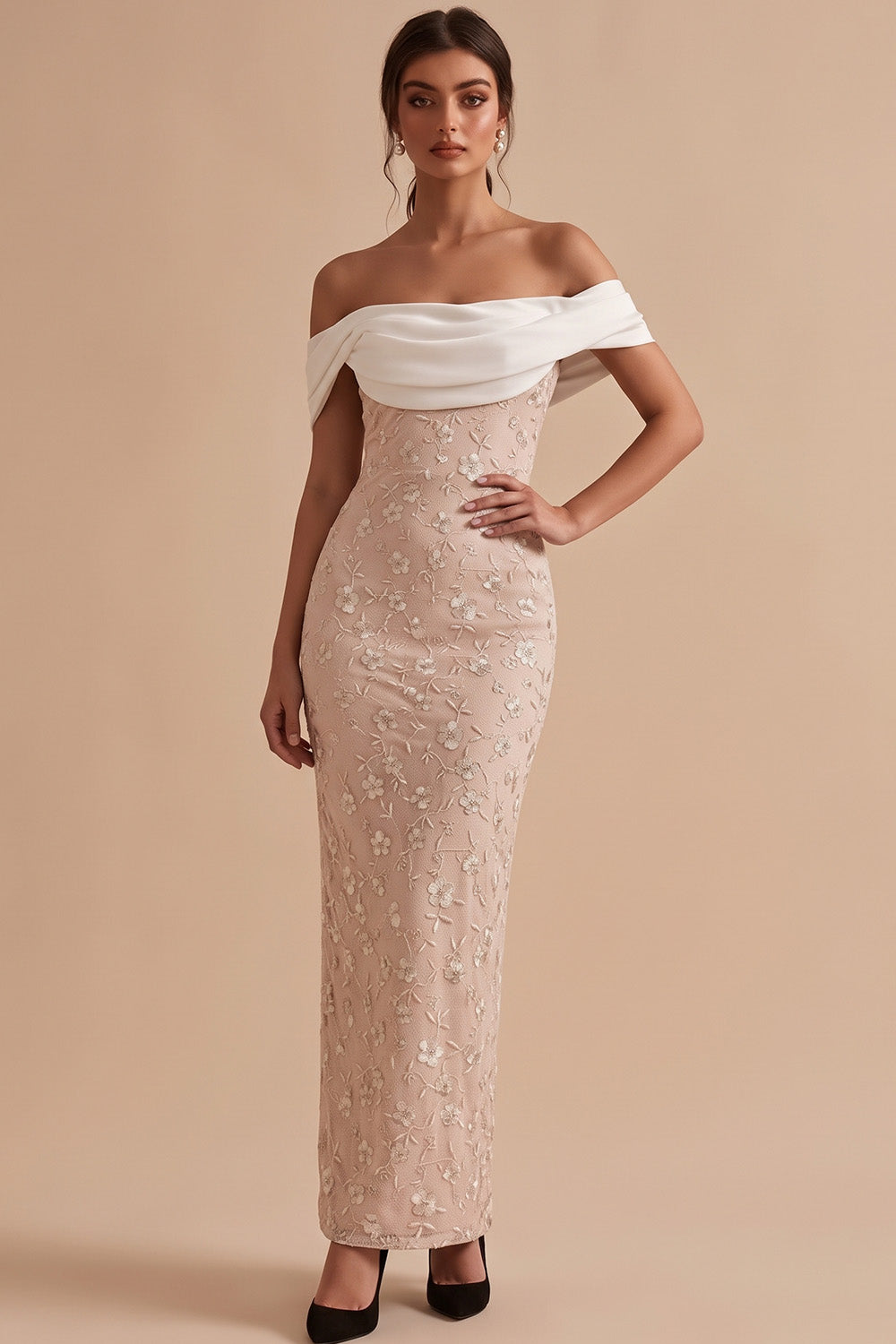 White and Pink Sheath Off the Shoulder Floral Long Wedding Guest Dress with Slit