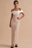 White and Pink Sheath Off the Shoulder Floral Long Wedding Guest Dress with Slit