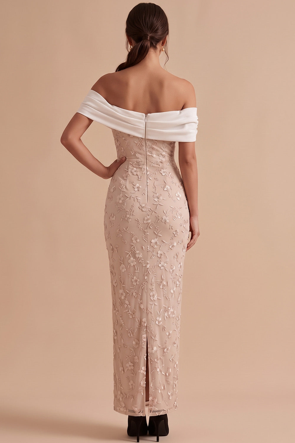 White and Pink Sheath Off the Shoulder Floral Long Wedding Guest Dress with Slit