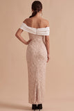 White and Pink Sheath Off the Shoulder Floral Long Wedding Guest Dress with Slit