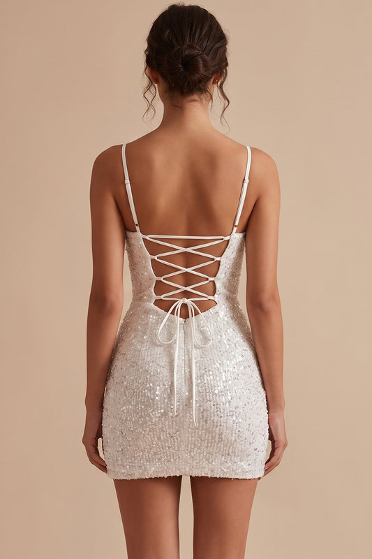 Sparkly White Sequin Corset Tight Ruched Short Graduation Dress
