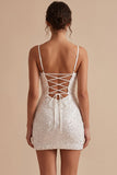 Sparkly White Sequin Corset Tight Ruched Short Graduation Dress