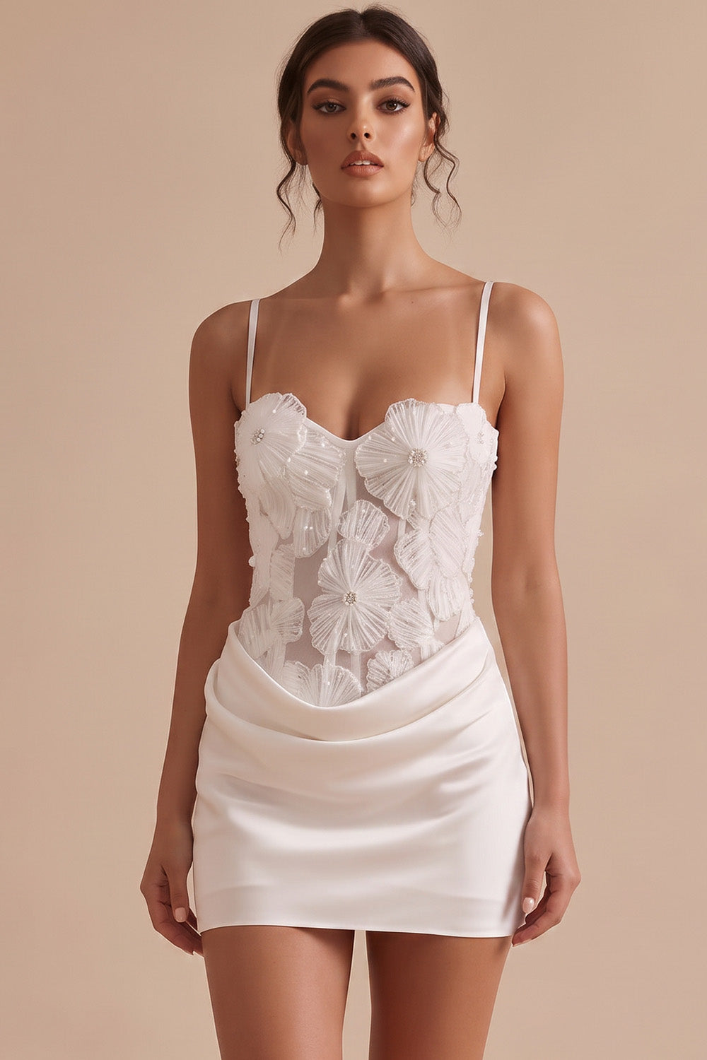 White Satin Corset Tight Draped Short Graduation Dress with 3D Flowers