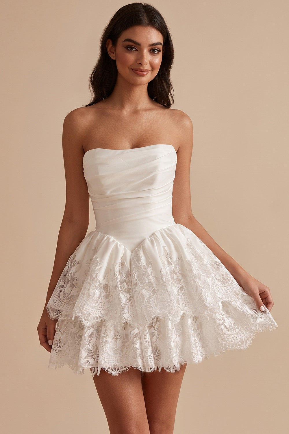 White Lace Strapless Ruched Tiered A Line Short Graduation Dress