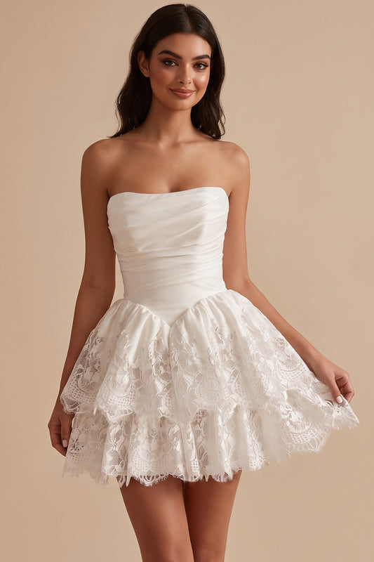 White Lace Strapless Ruched Tiered A Line Short Graduation Dress