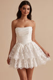 White Lace Strapless Ruched Tiered A Line Short Graduation Dress