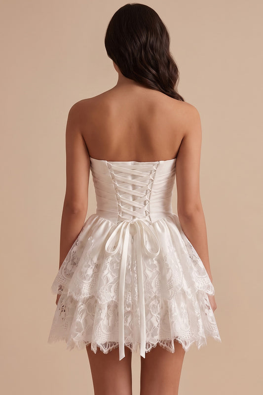 White Lace Strapless Ruched Tiered A Line Short Graduation Dress