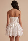 White Lace Strapless Ruched Tiered A Line Short Graduation Dress
