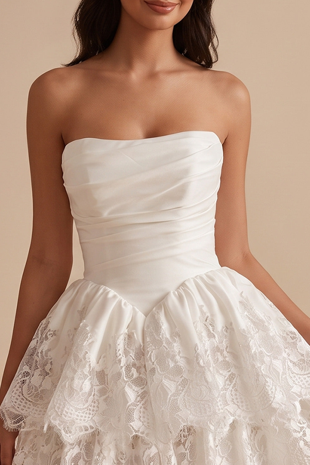 White Lace Strapless Ruched Tiered A Line Short Graduation Dress