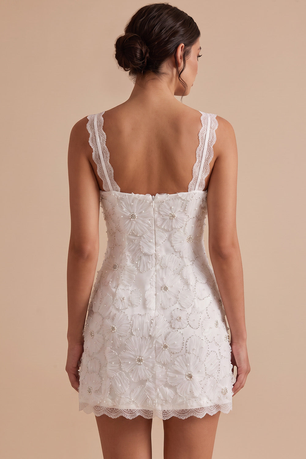 White Floral Tight Cowl Neck Short Graduation Dress with Lace
