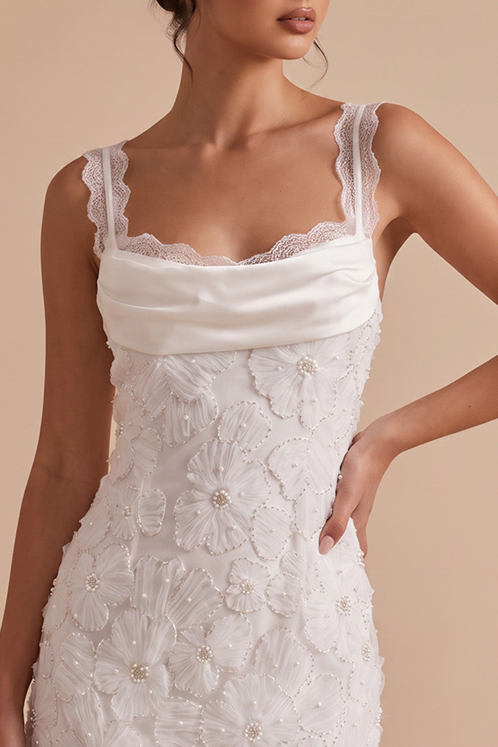White Floral Tight Cowl Neck Short Graduation Dress with Lace