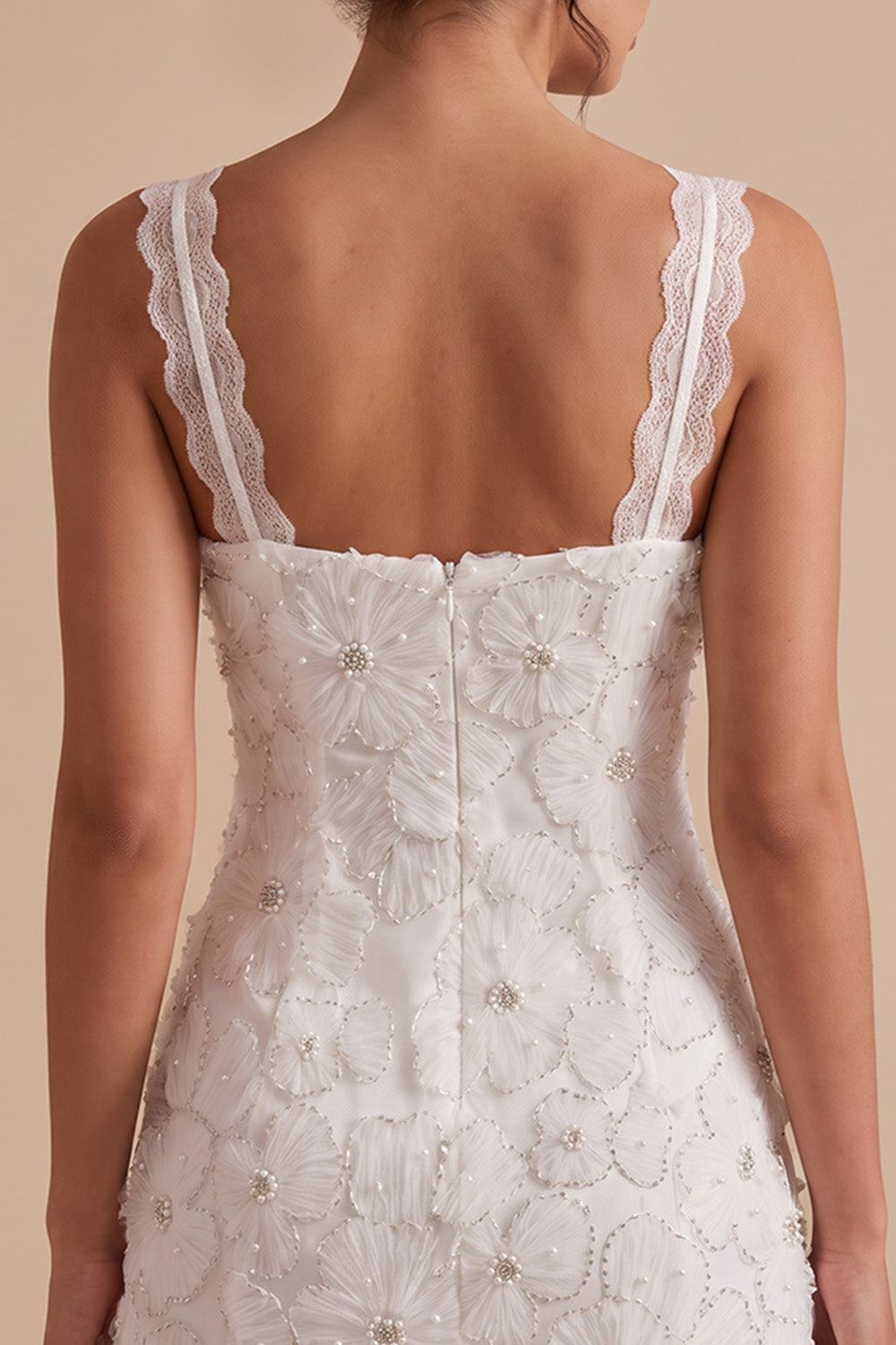 White Floral Tight Cowl Neck Short Graduation Dress with Lace