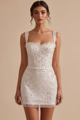 Sparkly White Sequin Corset Tight Thick Straps Short Graduation Dress