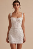Sparkly White Sequin Corset Tight Thick Straps Short Graduation Dress