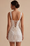 Sparkly White Sequin Corset Tight Thick Straps Short Graduation Dress