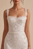 Sparkly White Sequin Corset Tight Thick Straps Short Graduation Dress