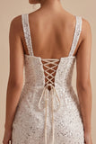 Sparkly White Sequin Corset Tight Thick Straps Short Graduation Dress