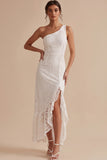 White Sheath One Shoulder Lace Ruffled Maxi Boho Engagement Dress with Slit