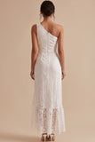 White Sheath One Shoulder Lace Ruffled Maxi Boho Engagement Dress with Slit