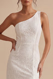 White Sheath One Shoulder Lace Ruffled Maxi Boho Engagement Dress with Slit