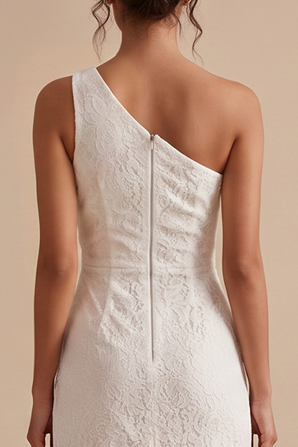 White Sheath One Shoulder Lace Ruffled Maxi Boho Engagement Dress with Slit