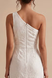 White Sheath One Shoulder Lace Ruffled Maxi Boho Engagement Dress with Slit