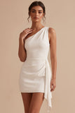 White Tight Asymmetrical Neck Ruched Short Graduation Dress with Sash