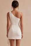 White Tight Asymmetrical Neck Ruched Short Graduation Dress with Sash