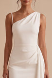 White Tight Asymmetrical Neck Ruched Short Graduation Dress with Sash