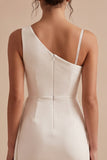 White Tight Asymmetrical Neck Ruched Short Graduation Dress with Sash