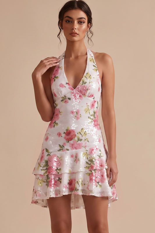 Sparkly White Sequin Halter Floral Tiered A Line Short Graduation Dress