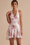 Sparkly White Sequin Halter Floral Tiered A Line Short Graduation Dress