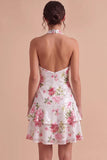 Sparkly White Sequin Halter Floral Tiered A Line Short Graduation Dress