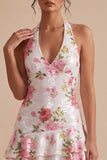Sparkly White Sequin Halter Floral Tiered A Line Short Graduation Dress