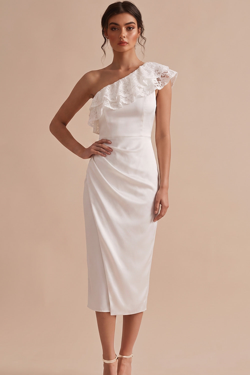 White Satin One Shoulder Ruched Midi Engagement Dress with Lace