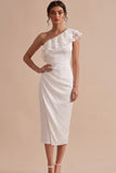 White Satin One Shoulder Ruched Midi Engagement Dress with Lace